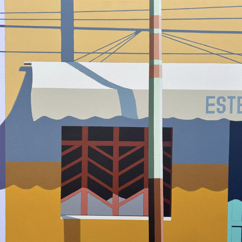 A painting by Gordon Leverton titled Este (24 x 24 x 1.5 in), featuring a stylized building exterior with bold blocks of yellow, blue, and tan. A white awning casts a dramatic shadow, and a vertical utility pole divides the composition. A geometric red and black window grille stands out in the center, while partial text reading “ESTE” is visible on the awning. Clean lines and flat planes of color create a graphic, architectural aesthetic. 